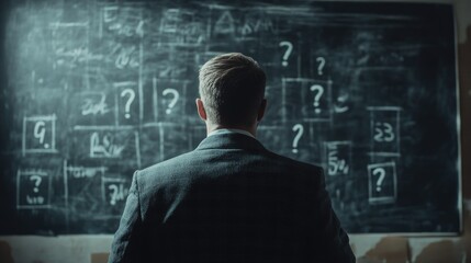 Man in a suit is looking at a chalkboard with a lot of questions on it. The man is confused or unsure about the questions