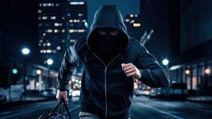 thief Running Down the Street - Unrecognizable Person in Black Hoodie and Mask, Escaping Criminal, Urban Crime Scene, Suspenseful Chase, Dark Street Background, Mysterious Figure
