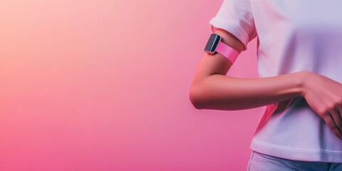 Young female with smartwatch armband on gradient background