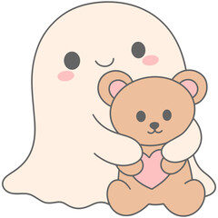 Cute Ghost with Teddy Bear Illustration Perfect for Valentine Theme