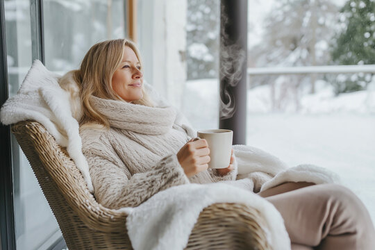 A middle-aged woman is relaxing in an armchair with a cup of coffee on the snowy winter veranda of a country house. The concept of rest and relaxation after working days.