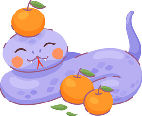 Charming cartoon snake character with a playful expression and vibrant purple color, nestled among bright mandarin fruits, symbolize prosperity, happiness and good luck for the Chinese Lunar New Year