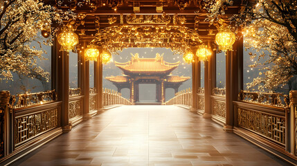Golden Bridge to Pagoda 3D Illustration