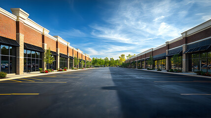 Obraz premium Empty Brick Retail Shops Parking Lot on Sunny Day: A Modern Commercial Real Estate Image