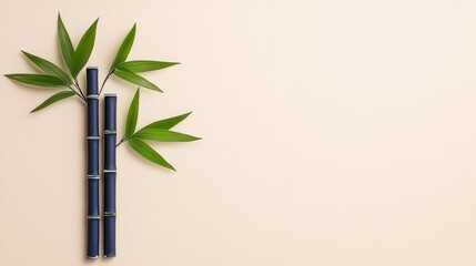 Japandi art with bamboo and abstract shapes, symbolizing balance and harmony.