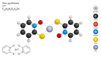 Molecule: Zinc Pyrithione. Molecular structure. Formula: C10H8N2O2S2Zn. Chemical model: Ball and stick. White background. 3D illustration.