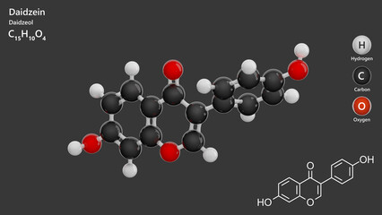Molecule: Daidzein. Molecular structure. Formula: C15H10O4. Chemical model: Ball and stick. Gray background. 3D illustration.