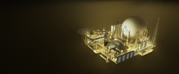 Aerial view of the offshore platform emerges from the sea fog at night. The brightly lit levels of the platform, with the signal and marker lights, create a impression of isolation. 3d illustration