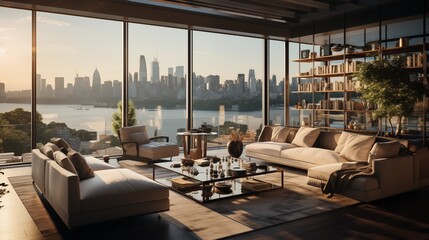 Fototapeta premium Elegant living room with sunny ambiance and city view. Modern furnishings enhance the luxurious vibe of this sophisticated space.