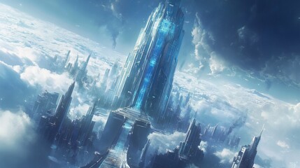 A towering structure, its facade clad in azure glass, rises majestically towards the heavens. 