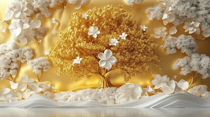 Golden tree with white flowers in 3D art style. Elegant decor for home office interior design. Decorative wall mural with detailed design. Beautiful floral decor creates relaxing atmosphere. Luxury,