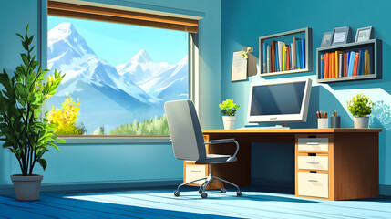 In the morning cartoon background, there is a desk with a computer and furniture in a flat cabinet. There is a mountain view near the bookshelf and a view of the mountains at the back of the desk