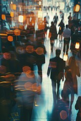 Blurry image of a crowded city street with people walking and carrying bags. Scene is busy and bustling, with people going about their daily lives
