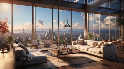 Fototapeta premium Sunny and luxurious modern living room featuring large windows with a stunning city view. Ideal for sophisticated urban living.