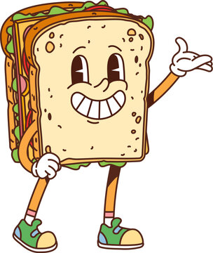 Naklejki Cartoon groovy fast food sandwich character. Street menu snack cheerful funky character, cute 60s 70s cartoon isolated vector personage. Takeaway sandwich or fast food meal happy sliming mascot