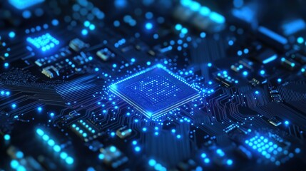 Closeup view of electronic circuit board. Modern tech design. Complex circuit patterns. Bright blue light highlights components. Advanced tech displayed. High tech image. Modern tech concept.