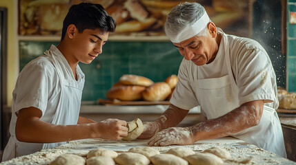 Young baker learning bread making from experienced mentor.
