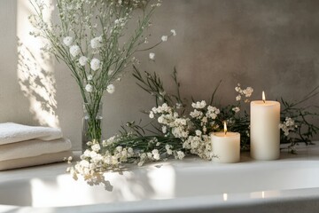 Close up Serene bath setup with a bathtub, candles, and fresh flowers.