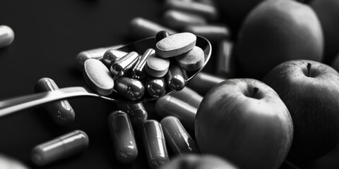 Spoonful of pills and an apple are on a table. The pills are scattered around the spoon and the apple is on the right side of the spoon. Concept of health and wellness, as the combination of pills