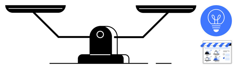 Balanced scale with two empty pans, light bulb icon signifying ideas, storefront icon signifying business. Ideal for business analysis, innovation, entrepreneurship, decision-making, weighing