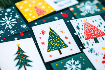Obraz premium assortment of colorful handcrafted christmas cards with snowflake and tree designs on a dark background
