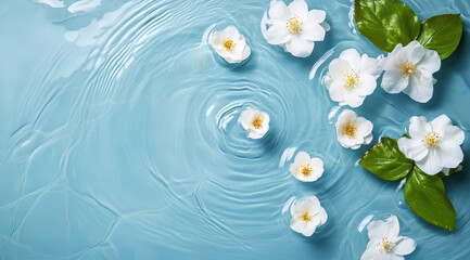 White flowers and green leaves floating on rippling light blue water surface