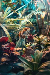 Obraz premium Lizard is standing on a rock in a jungle. The lizard is green and has red markings on its body. The jungle is lush and full of greenery, with many plants and trees surrounding the lizard