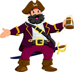 Cartoon pirate, privateer sailor happy character. Filibuster sailing ship captain funny vector personage, Caribbean pirate bandit happy personage or corsair sailor holding wooden tankard with beer