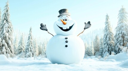 Fototapeta premium Cheerful snowman with carrot nose and top hat in snowy forest with evergreen trees under clear blue sky, wearing mittens and three black buttons.