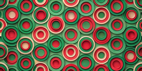 Abstract Festive Circles Pattern Red, Green, and Beige Concentric Rings Background