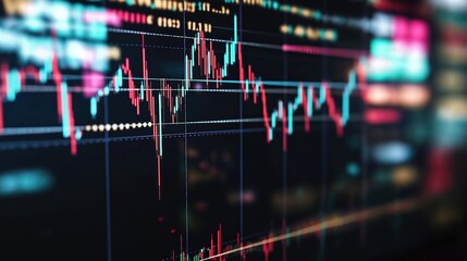 Stock market plunge index chart shows fluctuating data points. Economic crisis, stock market decline visible in rapid graph data on monitor screen. Graph displays dramatic price changes. Digital