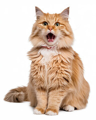 Obraz premium Surprised cat with wide eyes and perked ears, isolated on a white background, capturing a playful and expressive moment, ideal for pet, animal, and humorous themes.