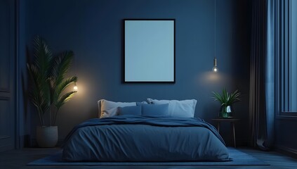 Serene bedroom with a dark blue color scheme, featuring a cozy bed, stylish lighting, and a calming atmosphere.