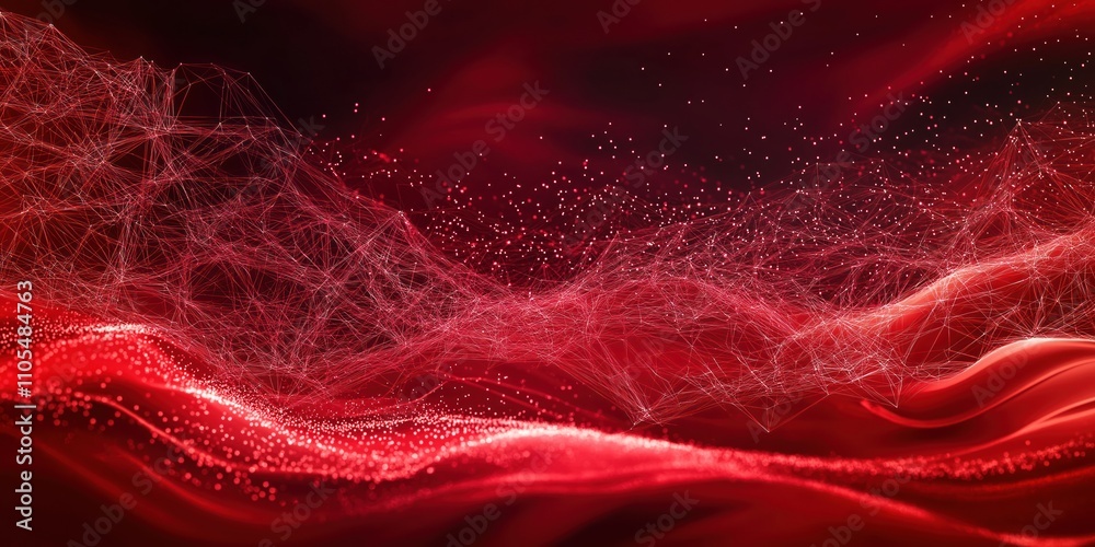 Poster abstract red background with network mesh, particle connections. wavy design creates dynamic visual.