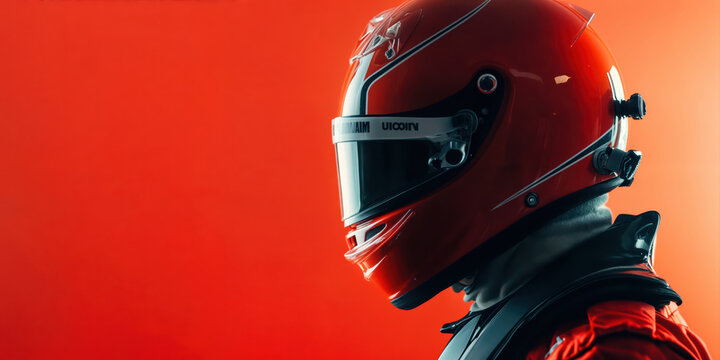 Racing driver wearing helmet and protective gear on red background