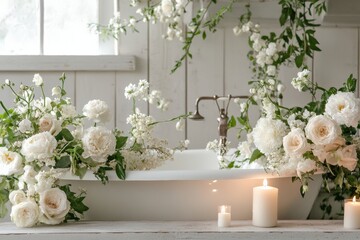 Fototapeta premium Close up Serene bath setup with a bathtub, candles, and fresh flowers.