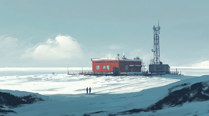 Obraz premium A remote arctic research station surrounded by endless snowy plains, with explorers and researchers bundled in heavy winter gear.