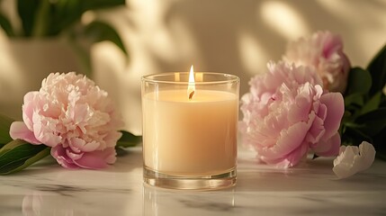A serene candle surrounded by blooming peonies creates a soothing atmosphere, perfect for relaxation and ambiance.