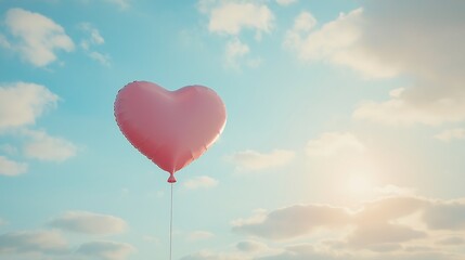 Fototapeta premium heart-shaped balloon floating up into the sky with soft clouds and sunlight streaming through, symbolizing the feeling of love and freedom on Valentine's Day