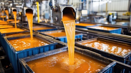 Palm oil processing in factory, golden liquid pouring into containers, modern facility, efficient machines, focus on sustainability and clean energy