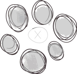 There are grey spots inside the circles. There is a circle with a cross in the center.