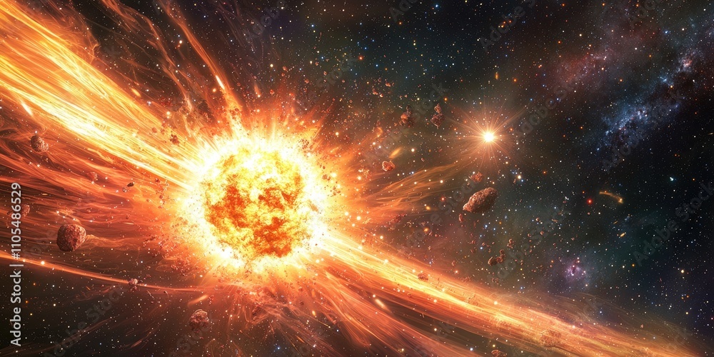 Poster a celestial event in a distant galaxy, with supernovae exploding, new stars forming, and cosmic wave