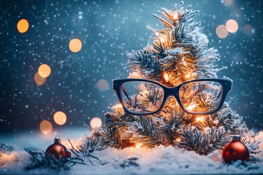unique and festive image of glasses delicately placed on a Christmas tree, symbolizing creativity and holiday spirit. Perfect for optometry promotions or themed holiday campaigns