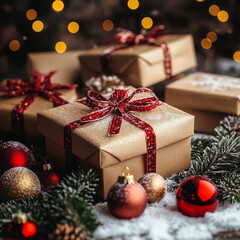 Holiday gift boxes with red ribbons cozy home setting christmas decor indoor environment warm atmosphere ai generate inspiration