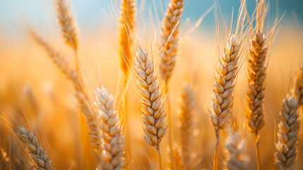 Obraz premium Wheat field with the sun. Golden wheat ears close-up. A fresh crop of rye