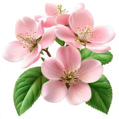 Blooming cherry blossom branch with vibrant pink flowers and fresh green leaves on a clean white background showcasing the beauty of spring