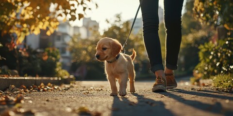 A puppy is being trained to walk on a leash by its owner, with the puppy walking attentively beside them in a sunny park.