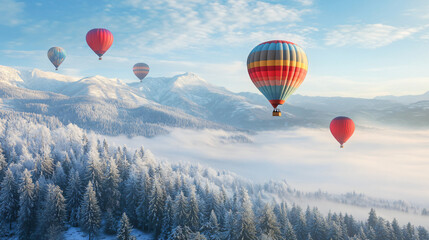 Obraz premium A scenic hot air balloon ride over a snowy landscape, with multiple colorful balloons floating over mountains and frosted forests.