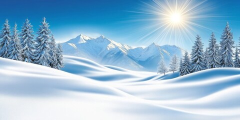 Breathtaking winter landscape with snow-covered trees, mountains, and blue sky