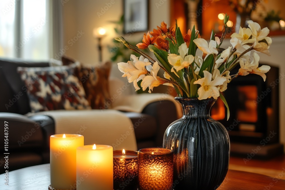 Sticker Cozy Living Room With Flowers Candles And Fireplace